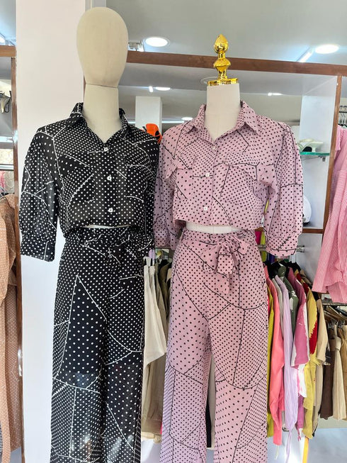 Hi-so Polka Dote Collar Crop Shirt With Fitted Pants